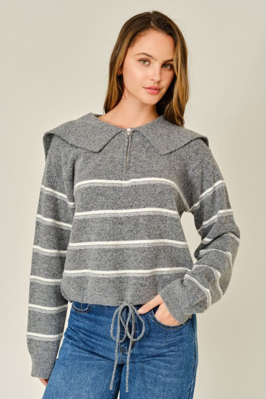 COLLAR STRIPED ZIP PULLOVER SWEATER