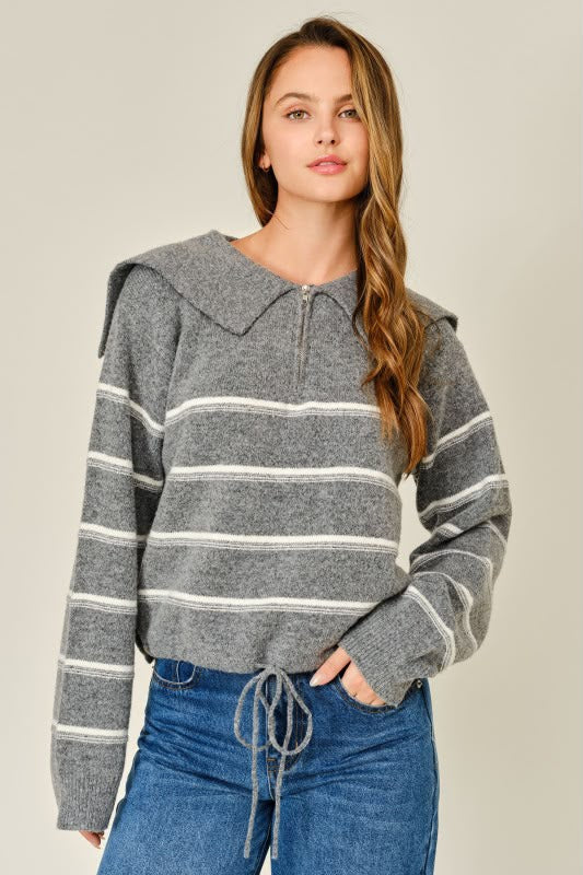 COLLAR STRIPED ZIP PULLOVER SWEATER