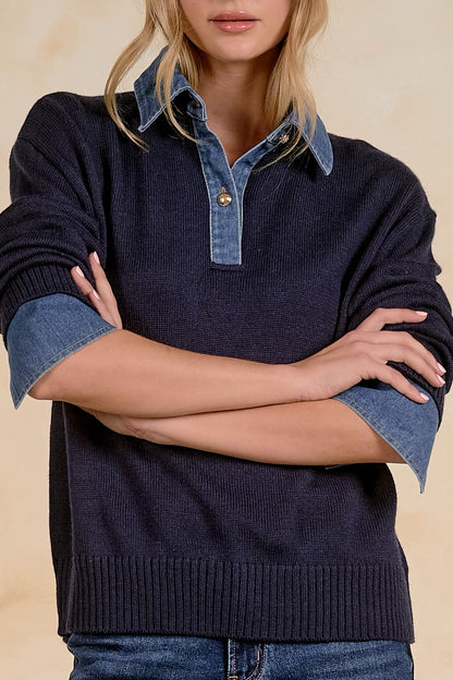 NAVY DENIM POLO SWEATER