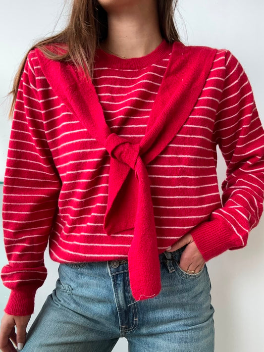 RED SCARF STRIPED SWEATER