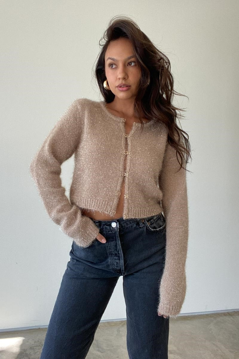 METALLIC KNIT CARDIGAN LATTE