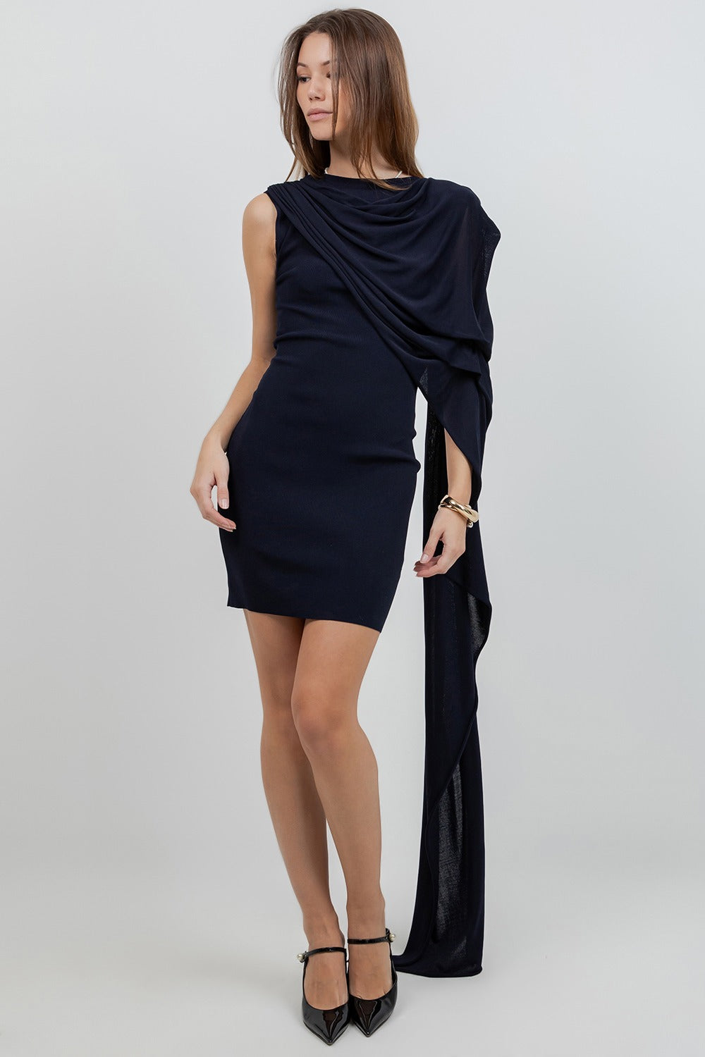 KNITTED CAPE NAVY DRESS