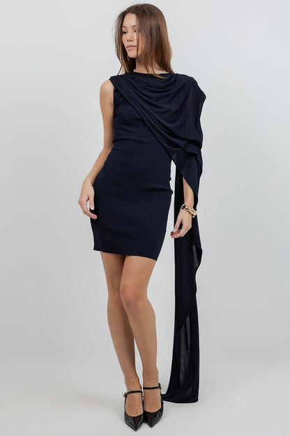 KNITTED CAPE NAVY DRESS