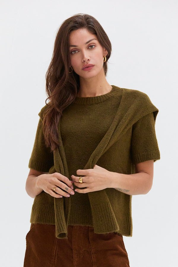 OLIVE KNITTED TOP WITH SCARF