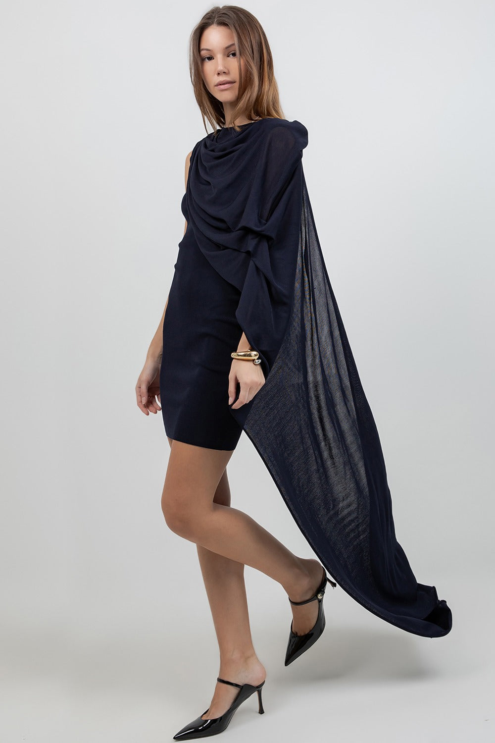 KNITTED CAPE NAVY DRESS