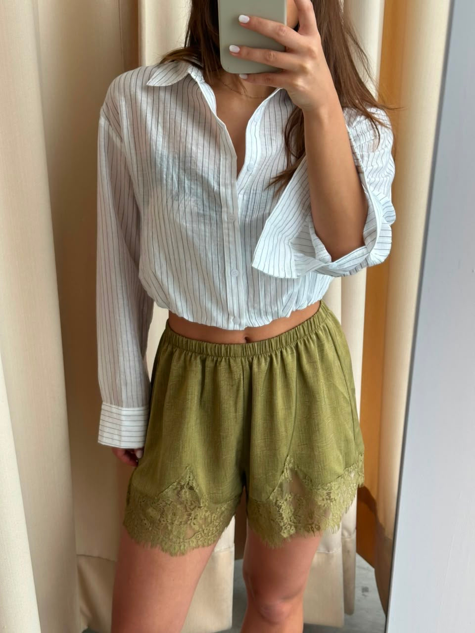 OLIVE SATIN LACE SHORTS