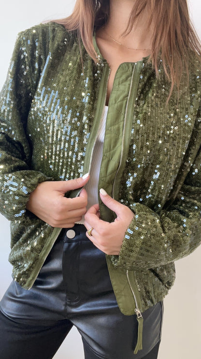 CHAMARRA BOMBER LENTEJUELA OLIVE