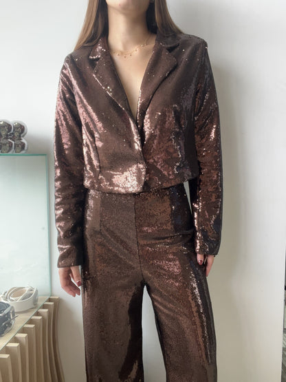 SET BLAZER PANTALON LENTEJUELA CAFÉ