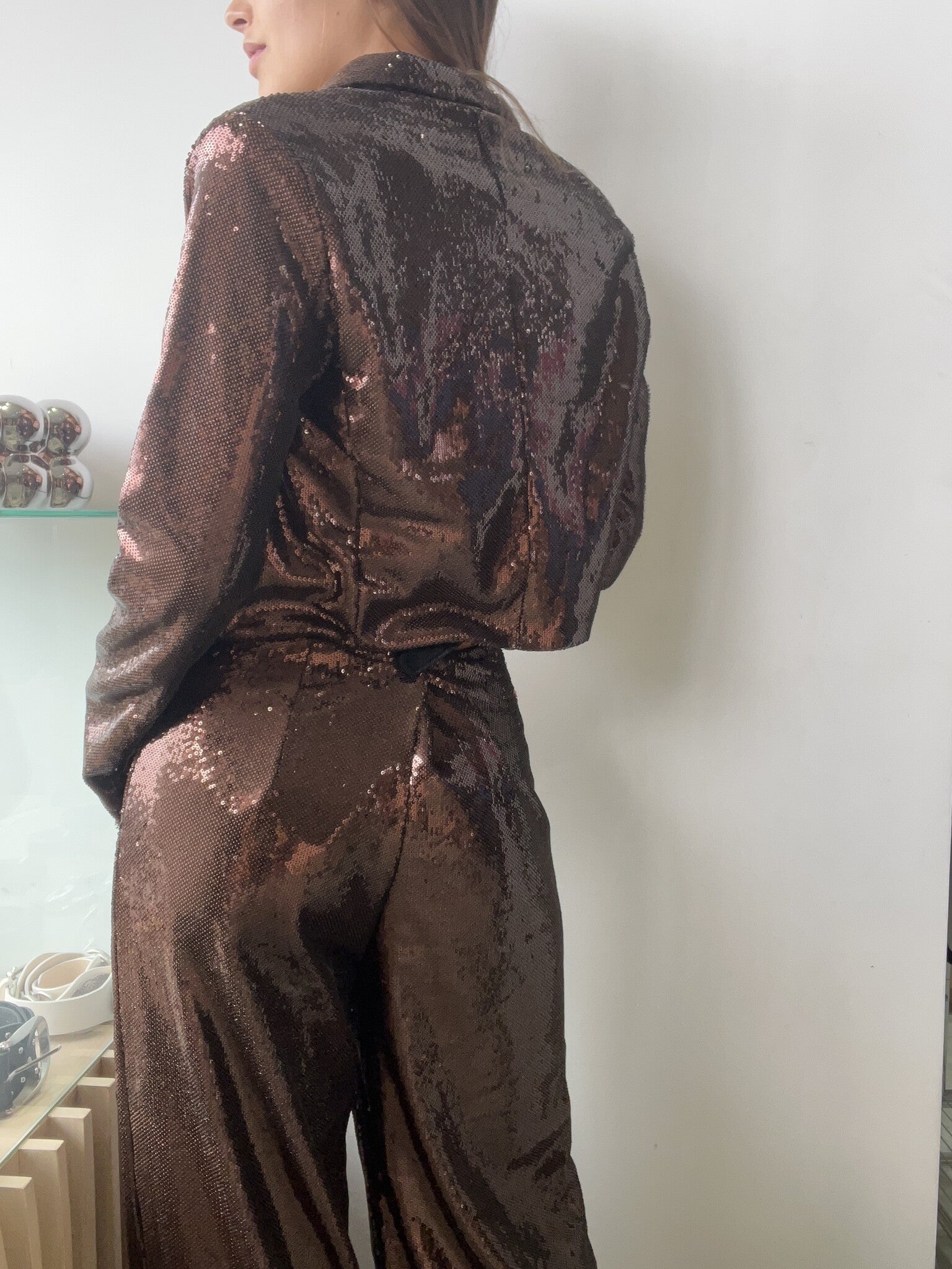 SET BLAZER PANTALON LENTEJUELA CAFÉ