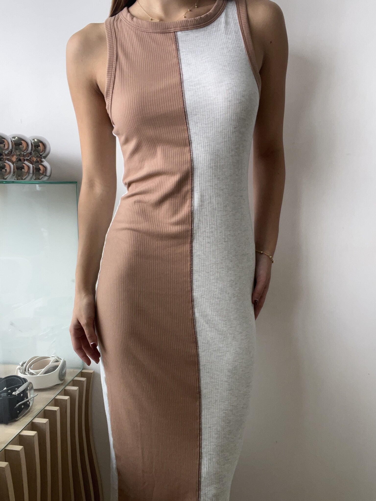 VESTIDO COLOR BLOCK CAMEL