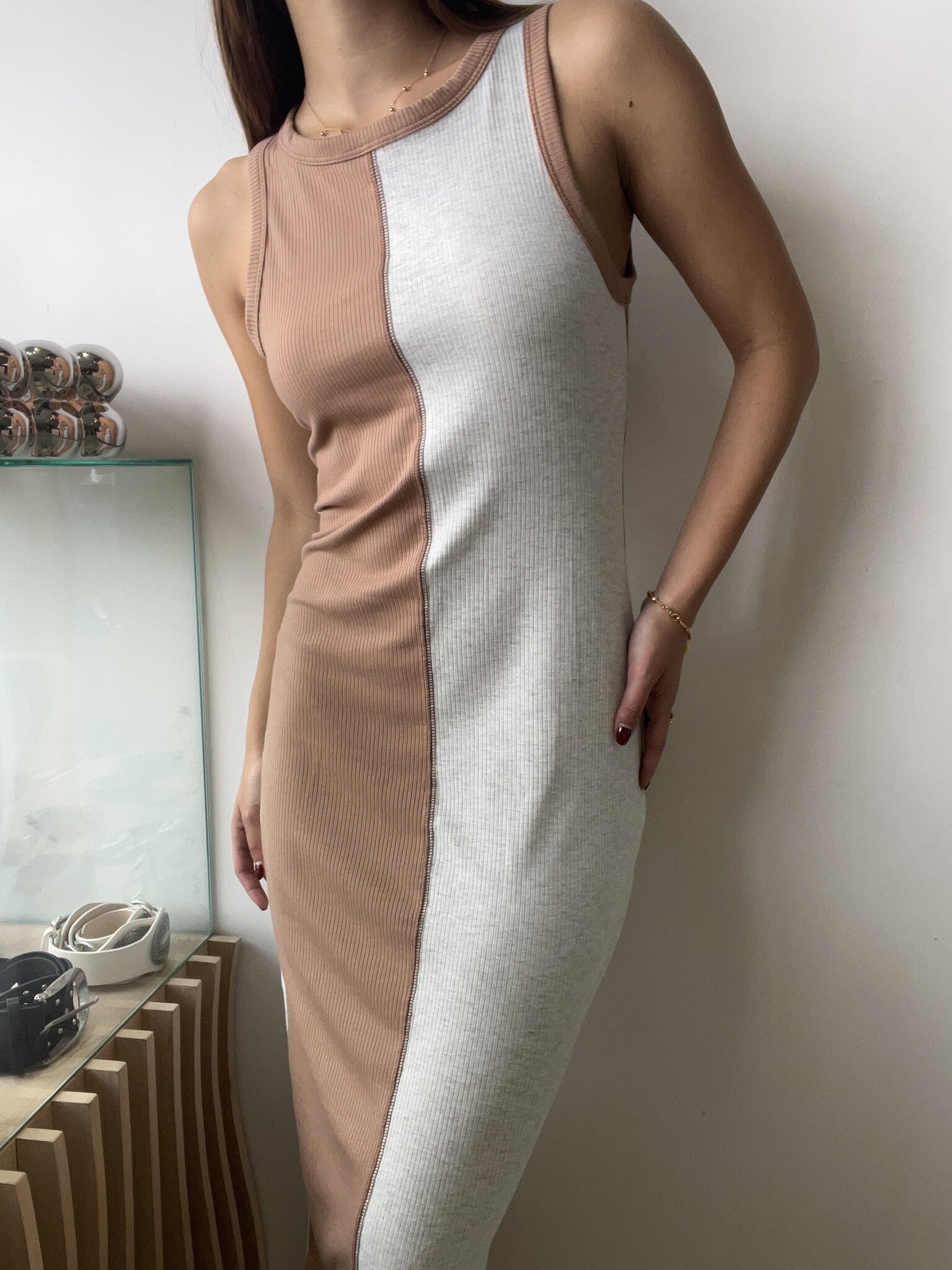 VESTIDO COLOR BLOCK CAMEL