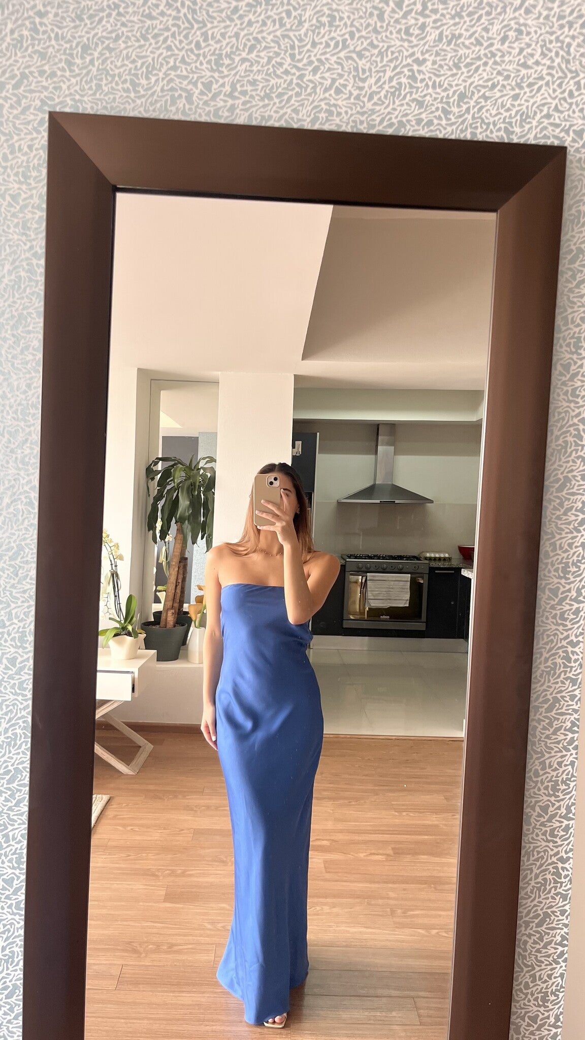 STRAPLESS BLUE SATIN DRESS