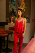 SET SATIN ROJO CON DETALLE ENCAJE ROSA