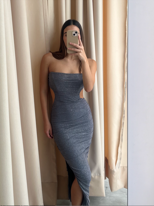 STRAPLESS GREY MIDI DRESS